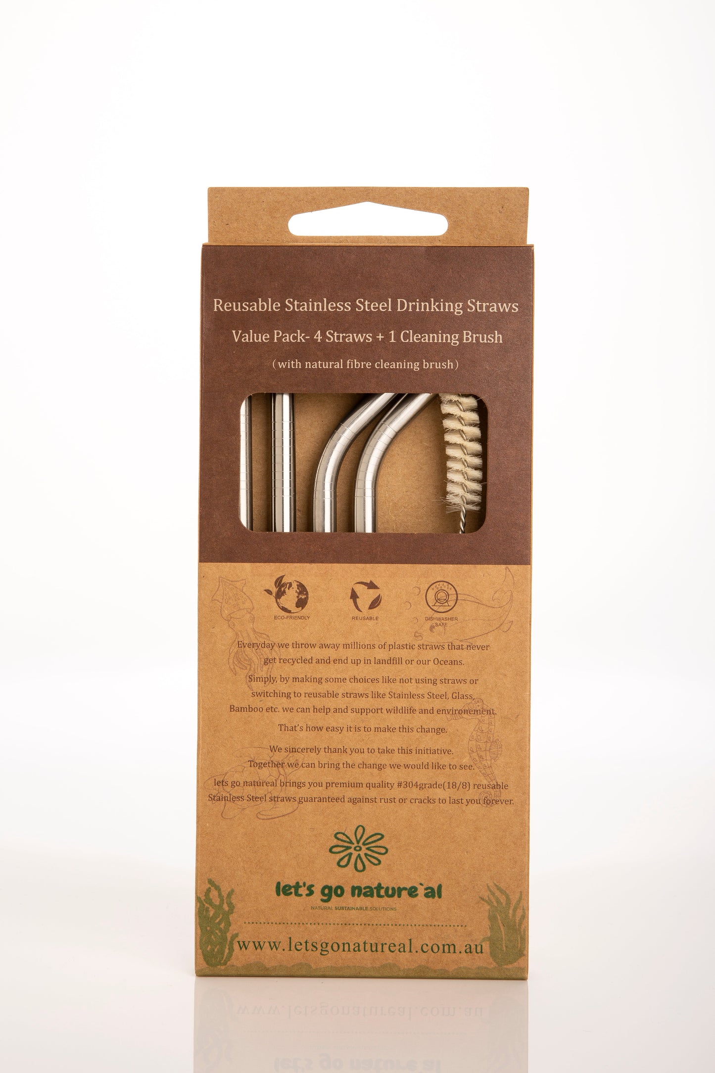 4-Pack Stainless Steel Straws with Natural Fibre Cleaning Brush