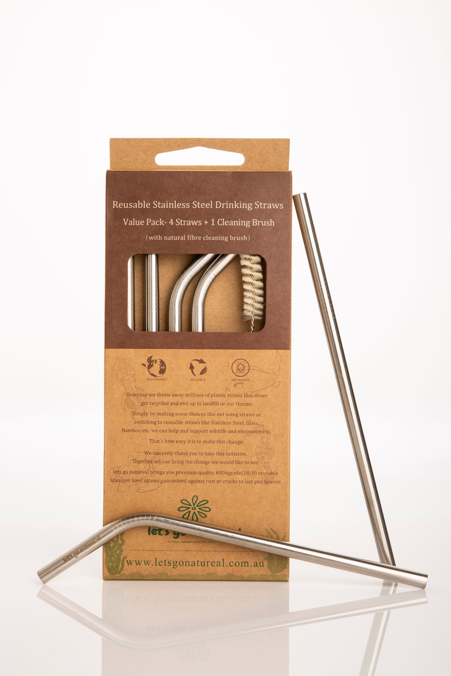 4-Pack Stainless Steel Straws with Natural Fibre Cleaning Brush