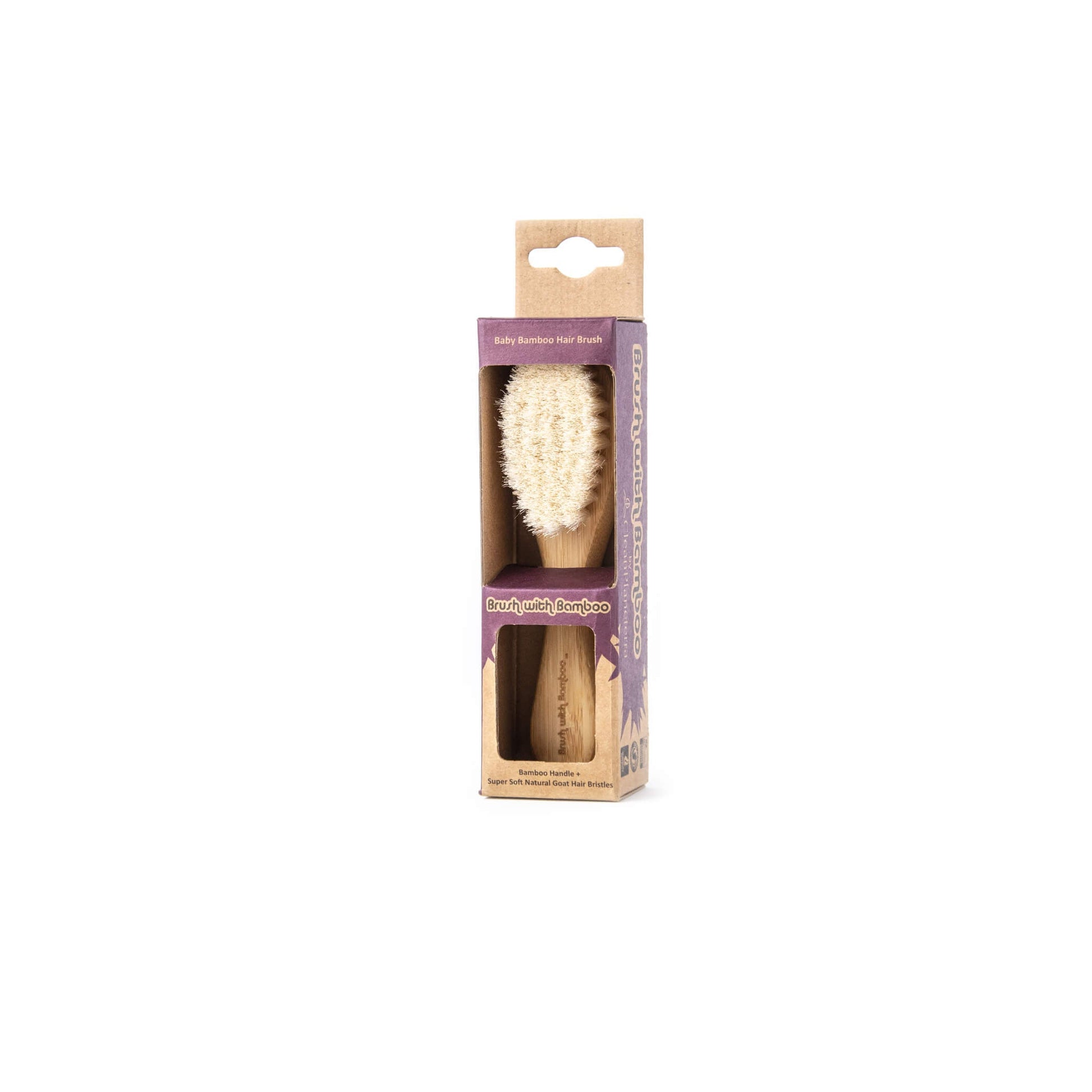 Plastic-free hairbrush for babies with natural and soft goat hair bristles.